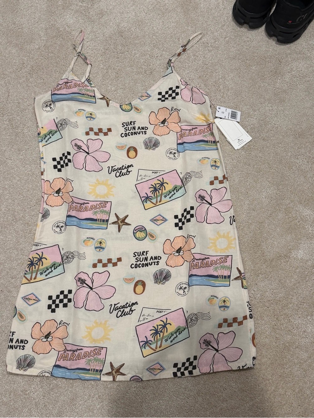 Rip Curl Tropical Print Slip Dress - Cream with Pink & Peach Accents